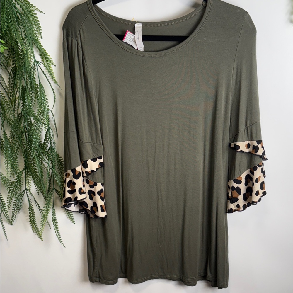 Honeyme Olive Long Sleeve Top with Leopard Accents